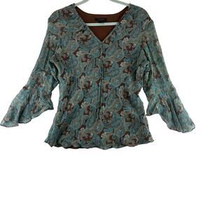 Anne Carson 100% Silk Blouse Y2K Fairy Sheer Lined Flutter Paisley Blue Brown Lg
